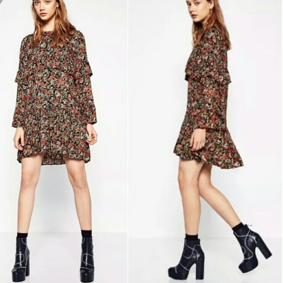 Zara Dresses & Skirts - ZARA Black Floral Ruffle Drop Waist Dress